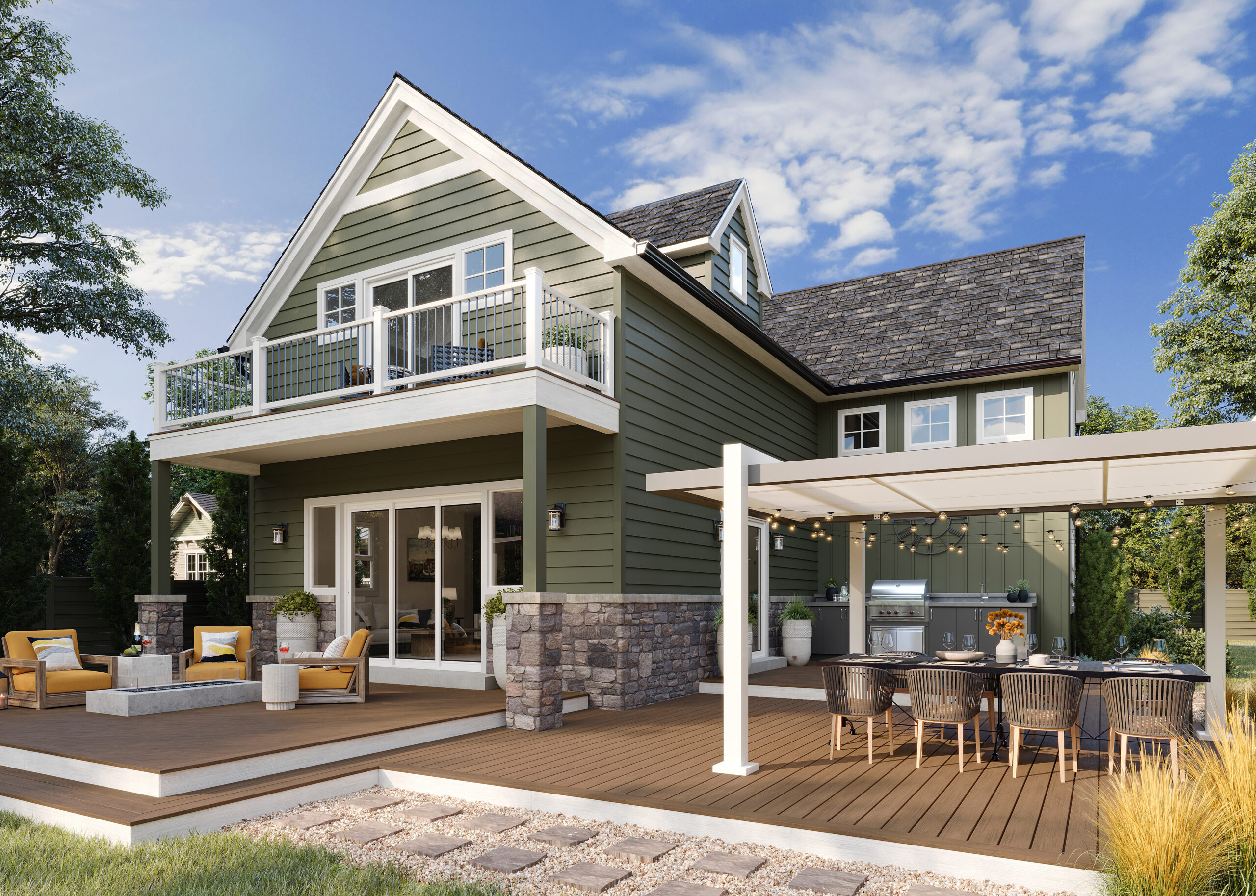 Nowoczesny taras z desek kompozytowych Trex, część rekreacyjna z meblami i jadalnia pod pergolą.