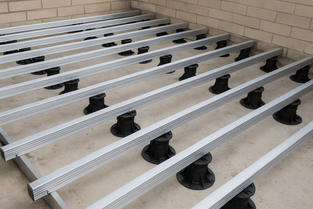 Legary aluminiowe zamontowane na wspornikach regulowanych.