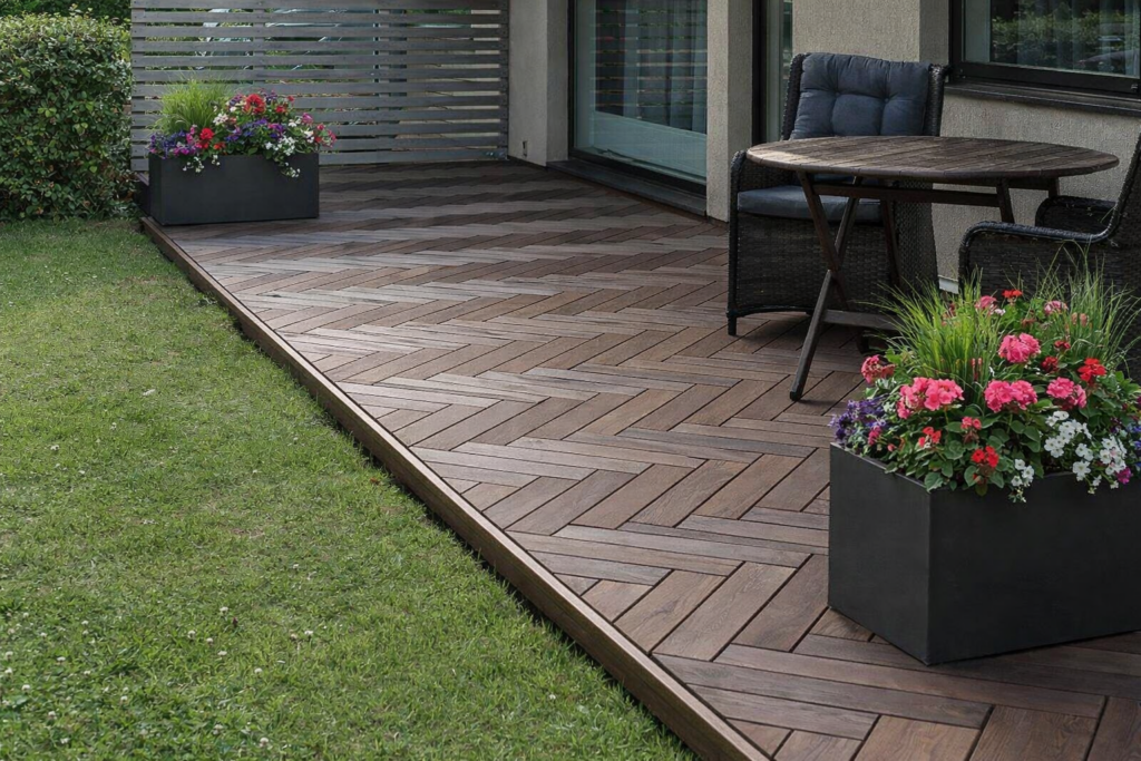 Przydomowy taras kompozytowy w jodełkę z umeblowaniem i donicami.